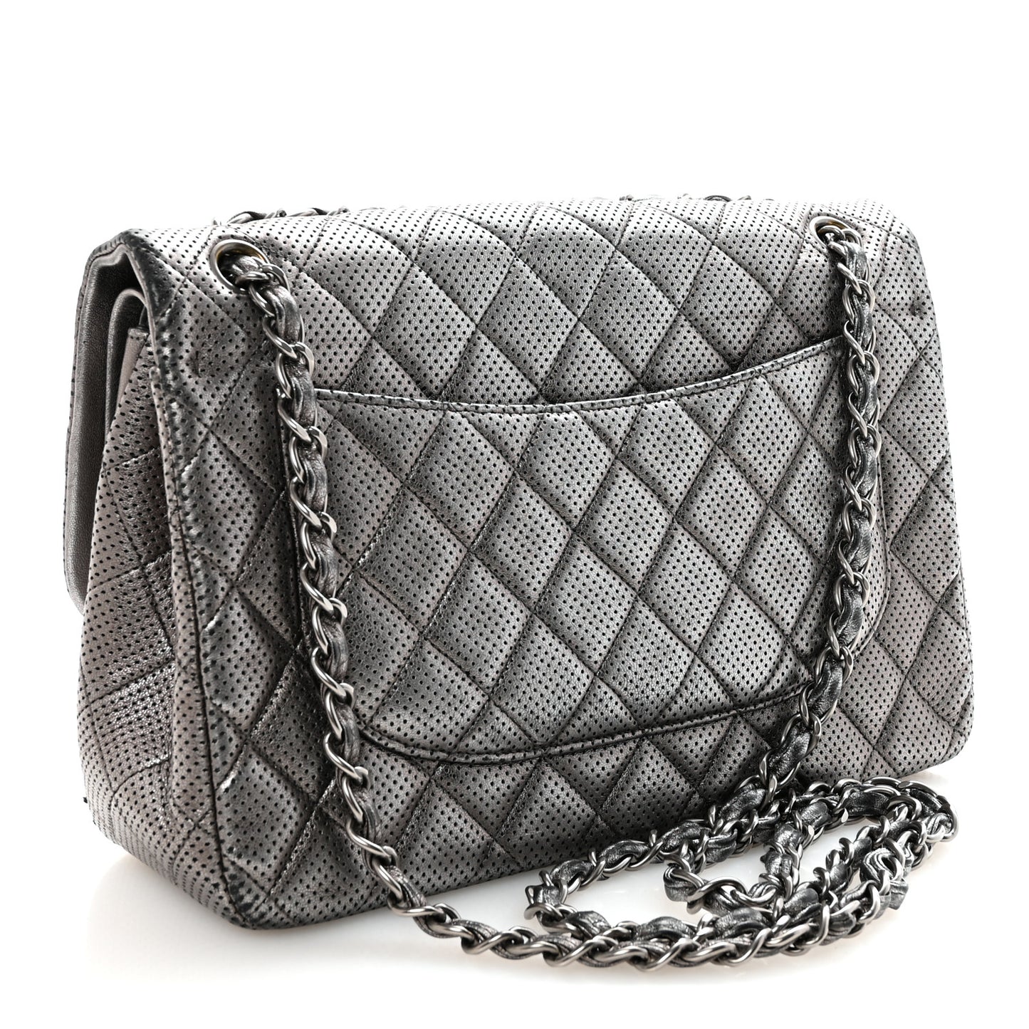 Metallic Perforated Lambskin Quilted Jumbo Double Flap  Dark Silver