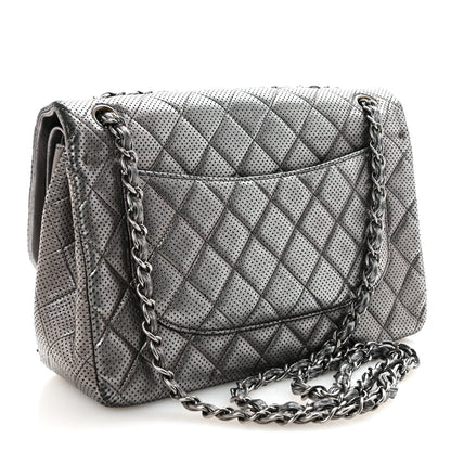 Chanel Metallic Perforated Lambskin Quilted Jumbo Double Flap  Dark Silver 3 of 10