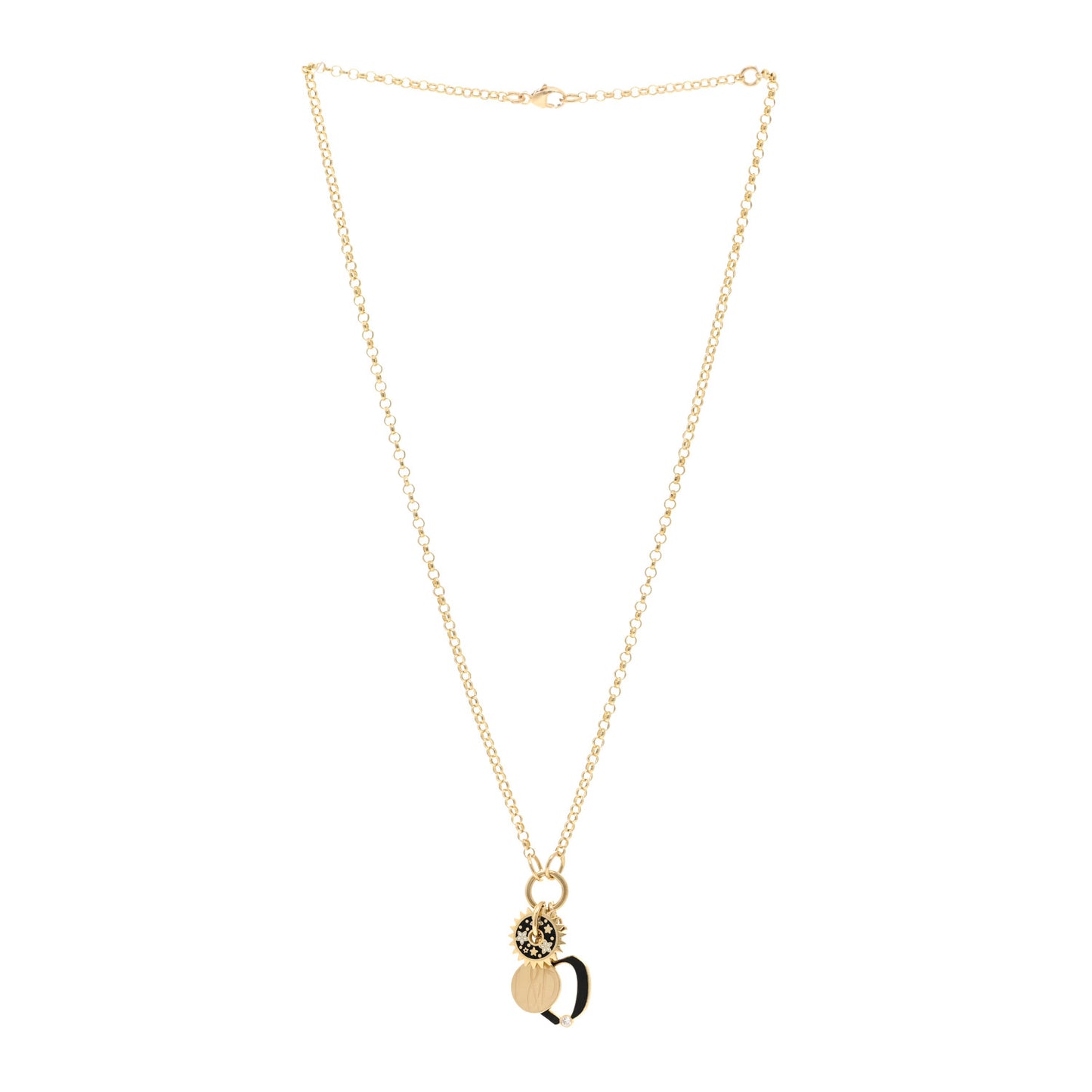 18K Yellow Gold Diamond Enamel Blossom Disc Letter Belcher Chain Necklace
