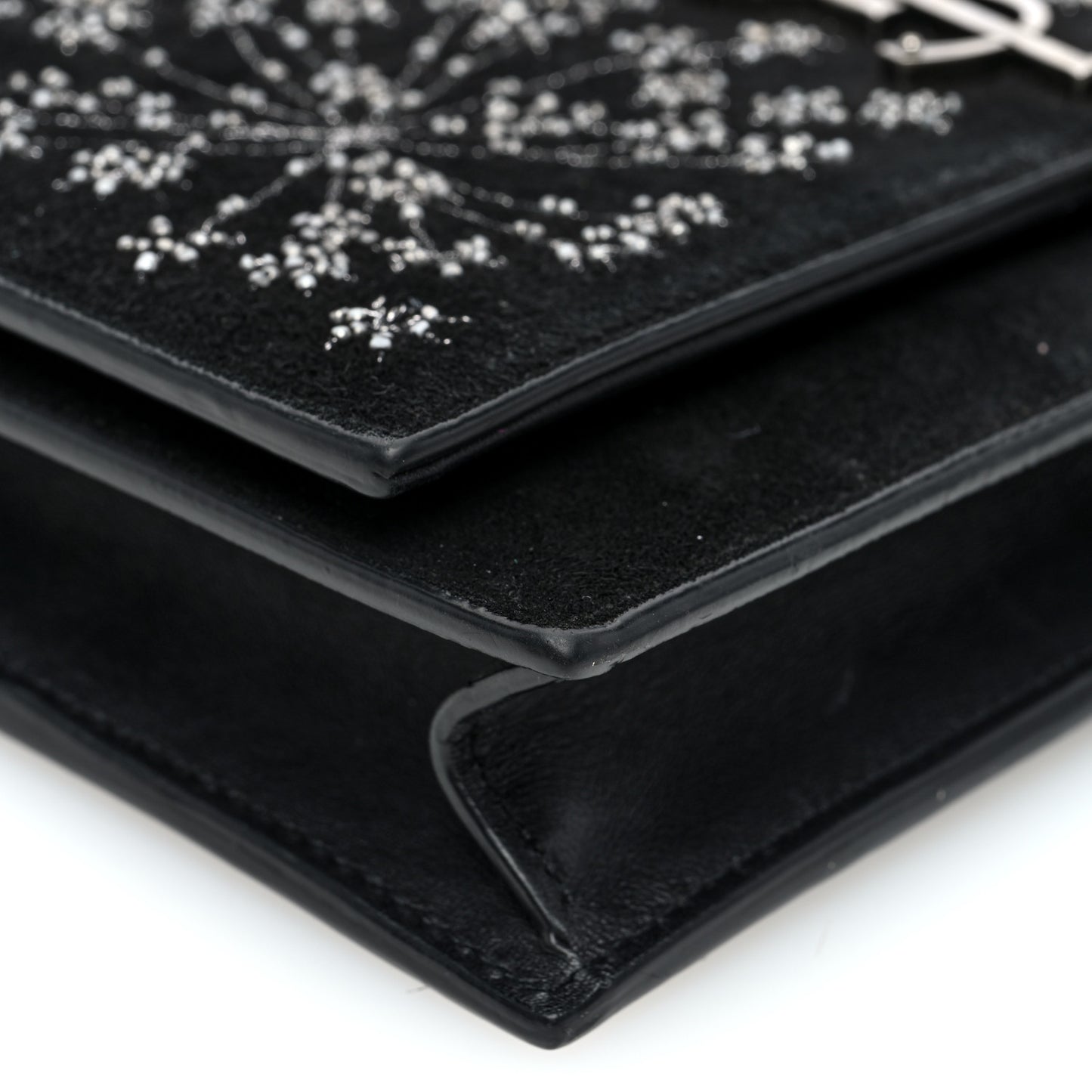 Suede Bead Embellished Classic Monogram Kate Tassel Chain Wallet Black