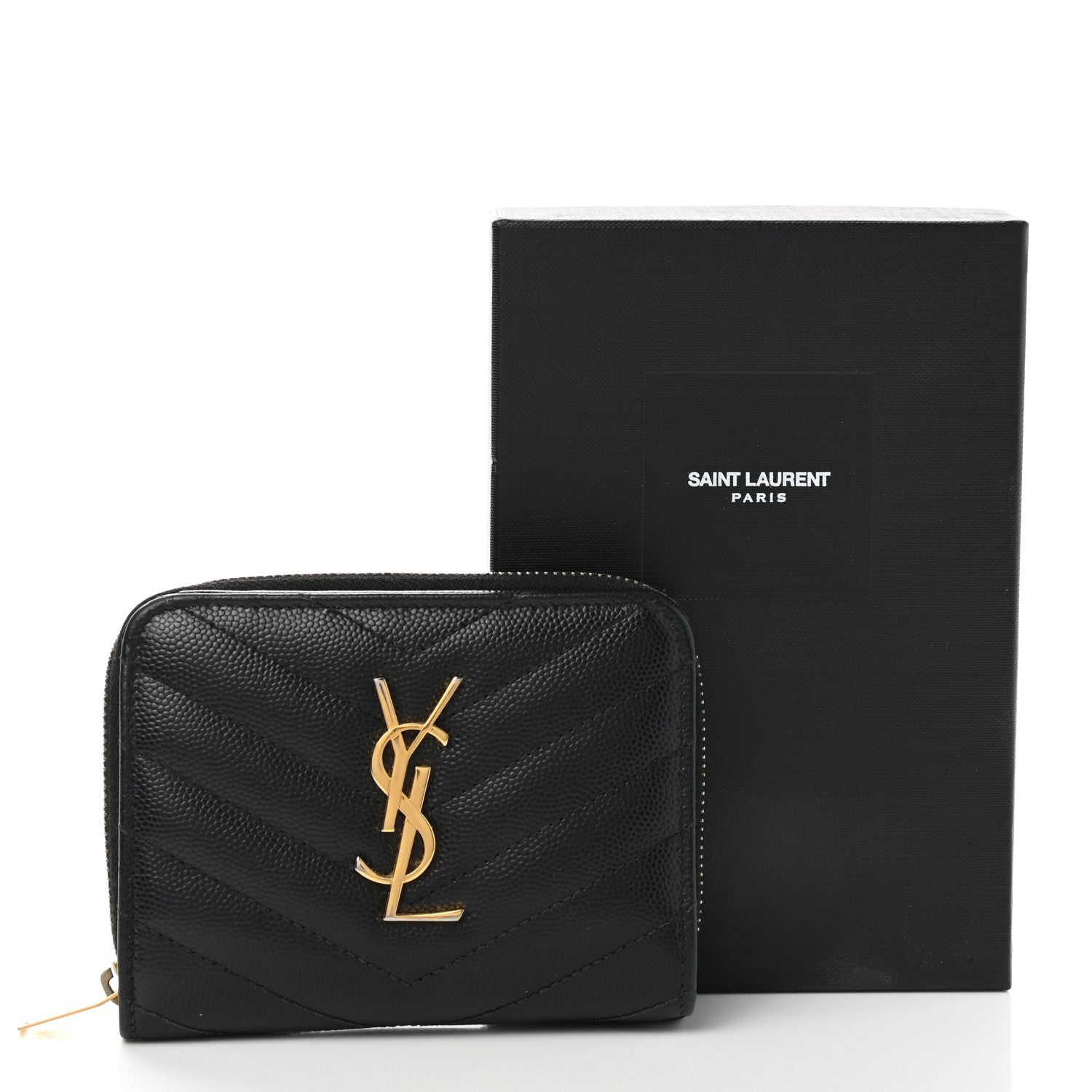 Saint Laurent Grain De Poudre Matelasse Chevron Monogram Compact Zip Around Wallet Black 8 of 8
