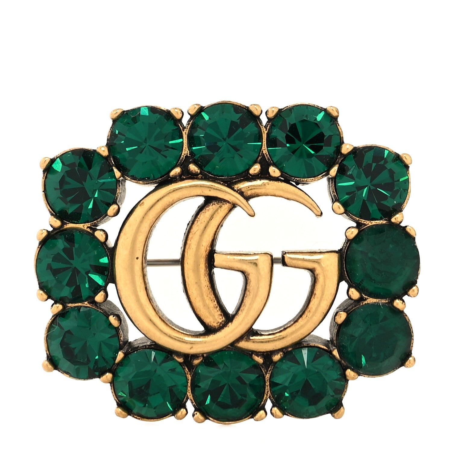 Gucci Metal Crystal Double G Brooch Aged Gold Green 1 of 3