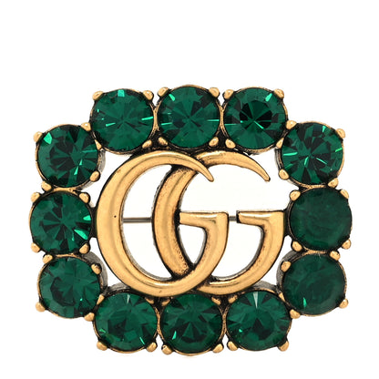 Gucci Metal Crystal Double G Brooch Aged Gold Green 1 of 3