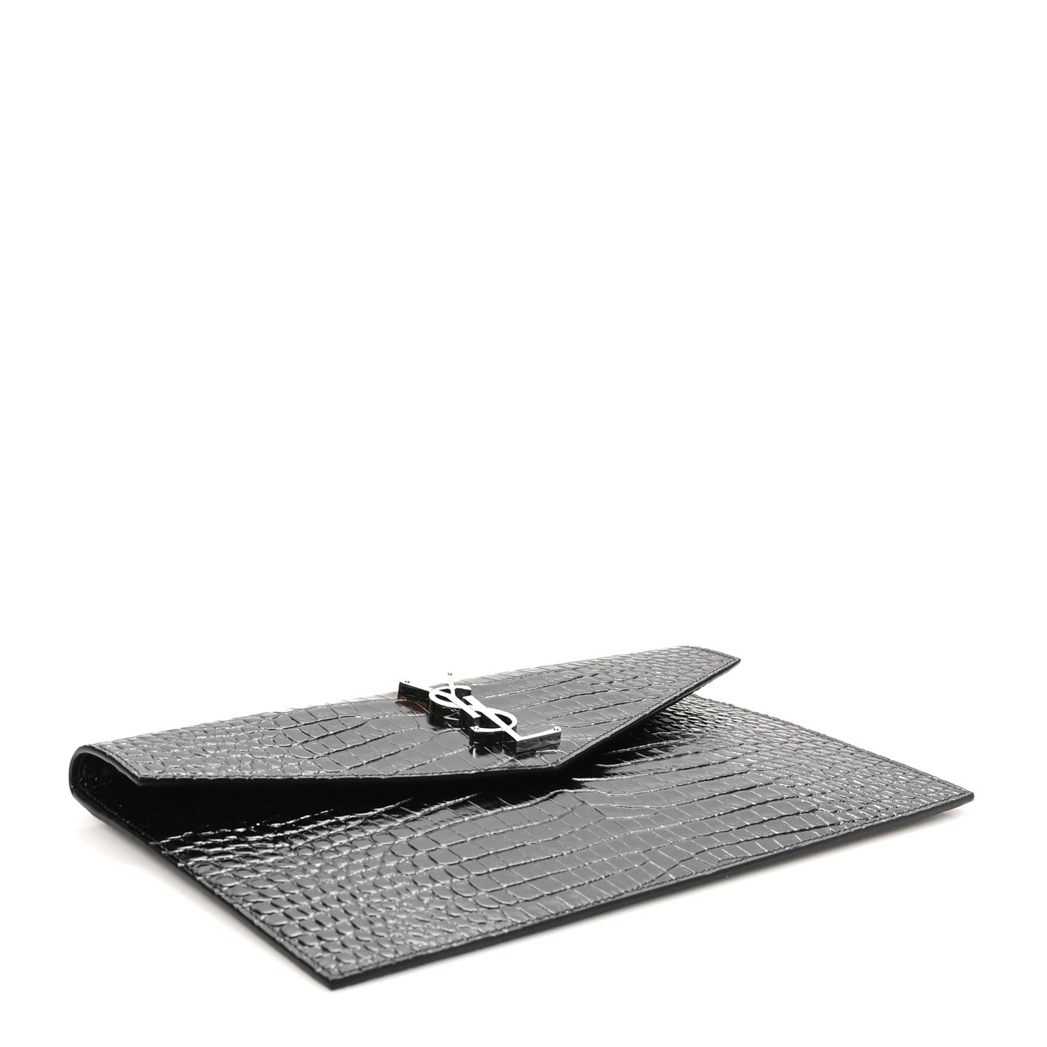 Saint Laurent Calfskin Crocodile Embossed Uptown Monogram Pouch Black 4 of 7