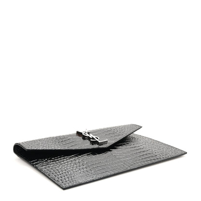 Saint Laurent Calfskin Crocodile Embossed Uptown Monogram Pouch Black 4 of 7