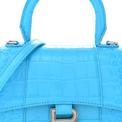 Balenciaga Shiny Calfskin Crocodile Embossed Hourglass Top Handle Bag XS Cyan 9 of 13