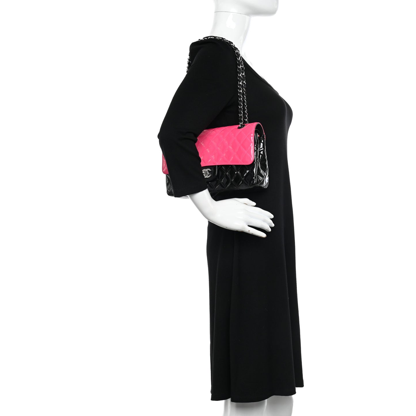 Patent Calfskin Quilted Bi-Color Medium Double Flap Pink Black