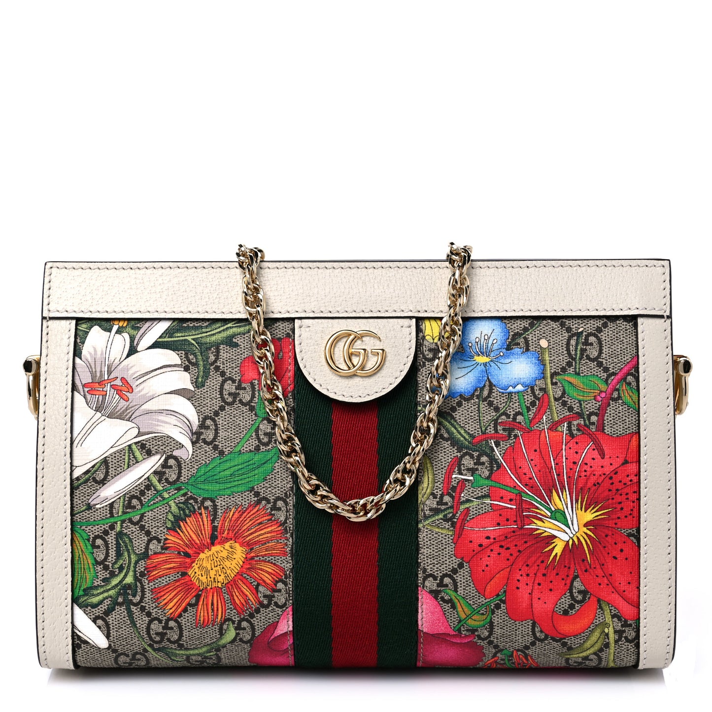 GG Supreme Monogram Flora Web Small Ophidia Chain Shoulder Bag White