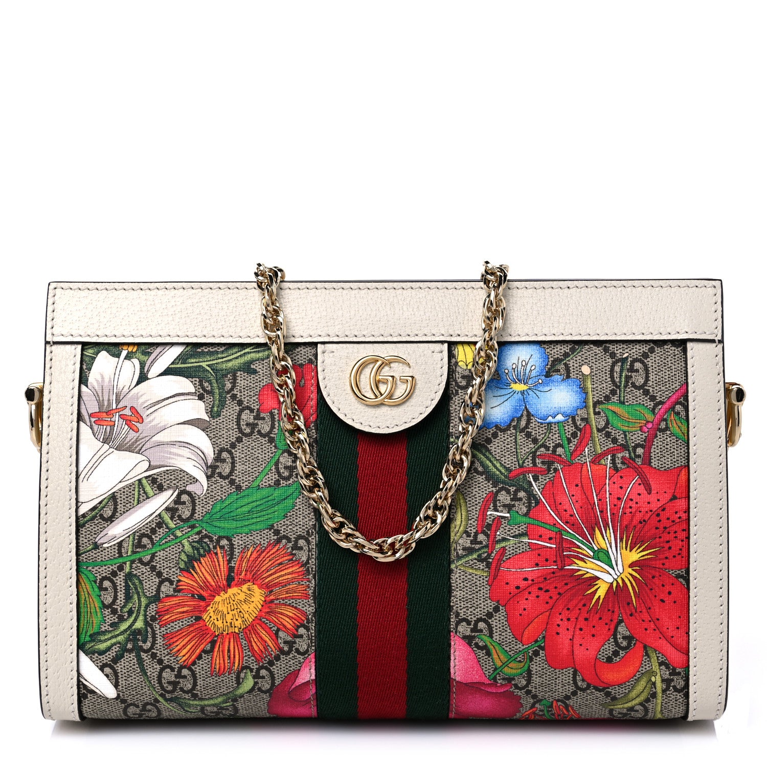 Gucci GG Supreme Monogram Flora Web Small Ophidia Chain Shoulder Bag White 1 of 10