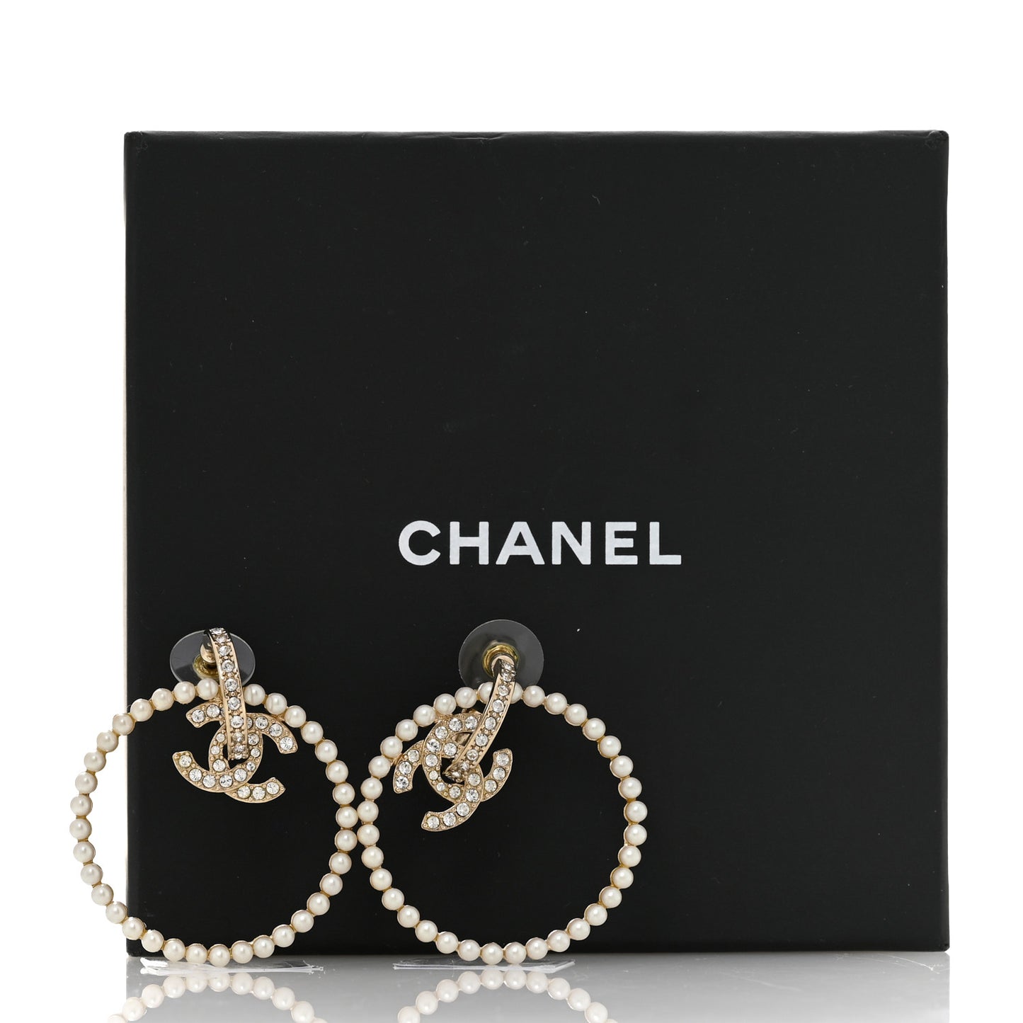 Crystal Pearl CC Door Knocker Hoop Earrings Gold Pearly White