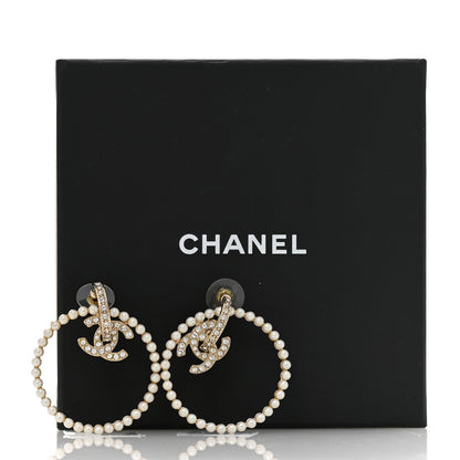 Chanel Crystal Pearl CC Door Knocker Hoop Earrings Gold Pearly White 5 of 5