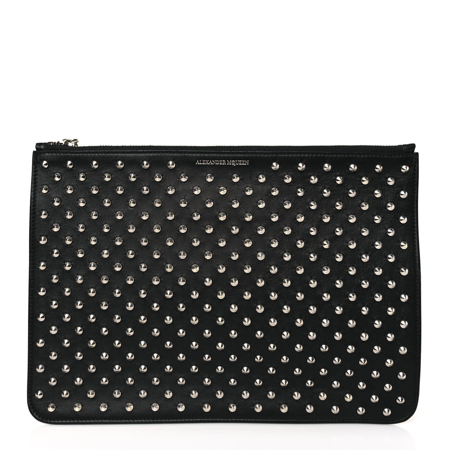 Calfskin Studded Skull Zip Pouch Black