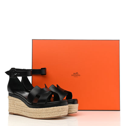 Hermes Goatskin Elda Espadrille Wedge Sandals 38 Black 9 of 9