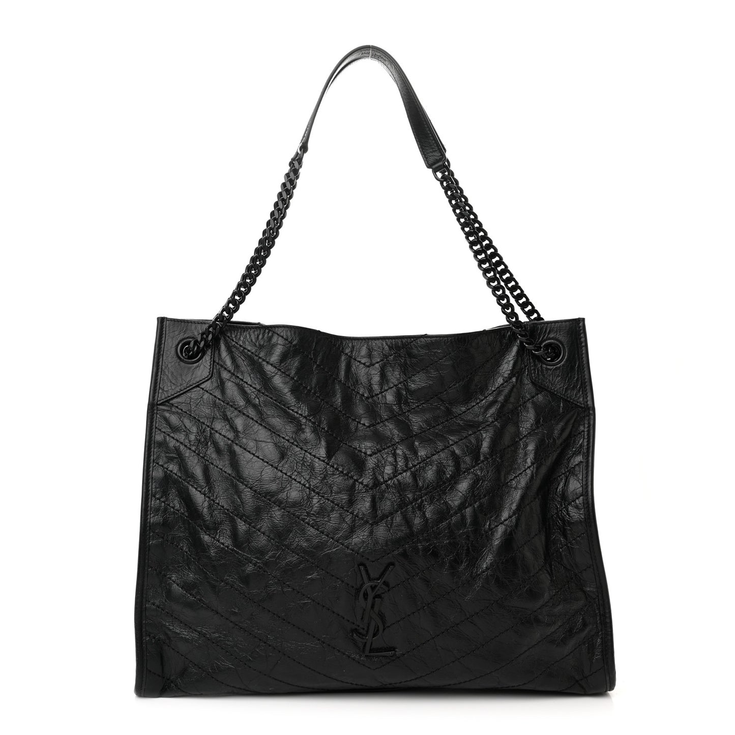 Crinkled Calfskin Matelasse Monogram Large Niki Shopper Tote Black
