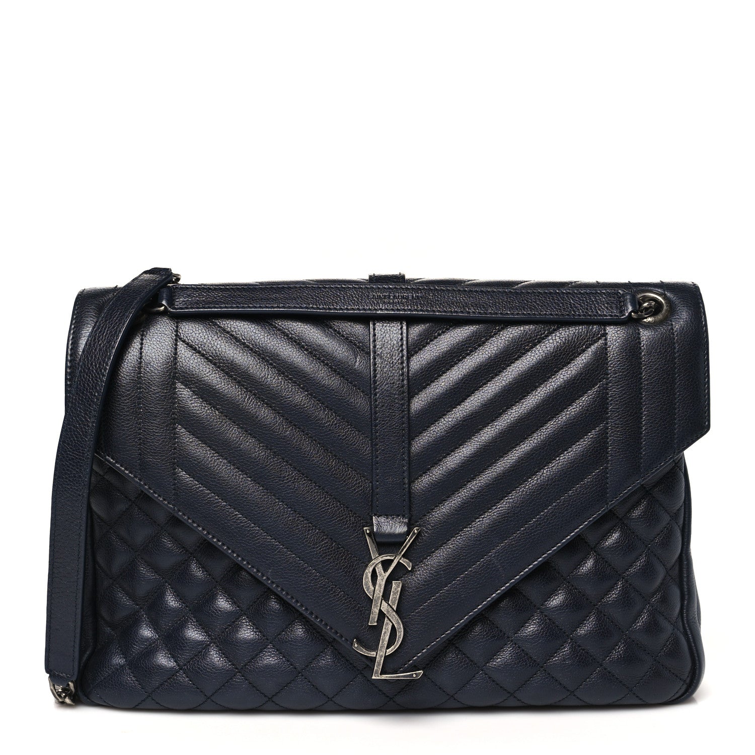 Saint Laurent Calfskin Mixed Matelasse Triquilt Large Monogram Satchel Deep Marine 1 of 10