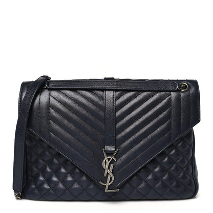 Saint Laurent Calfskin Mixed Matelasse Triquilt Large Monogram Satchel Deep Marine 1 of 10