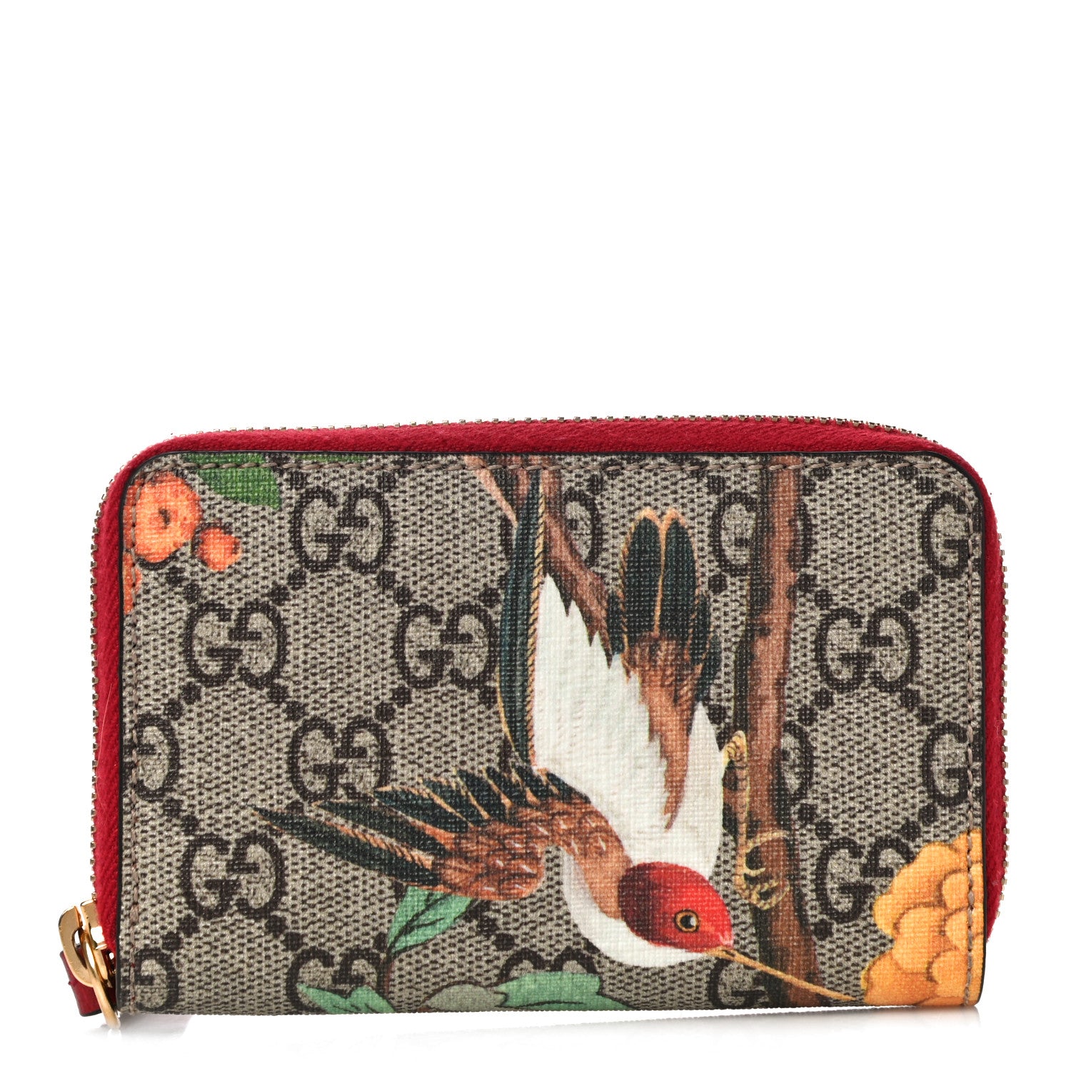 Gucci GG Supreme Monogram Tian Zip Around Card Case Wallet Beige Multicolor Red 1 of 10