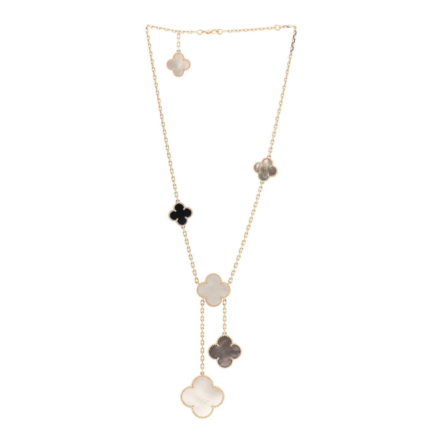 18K Yellow Gold Mother of Pearl Onyx 6 Motifs Magic Alhambra Necklace