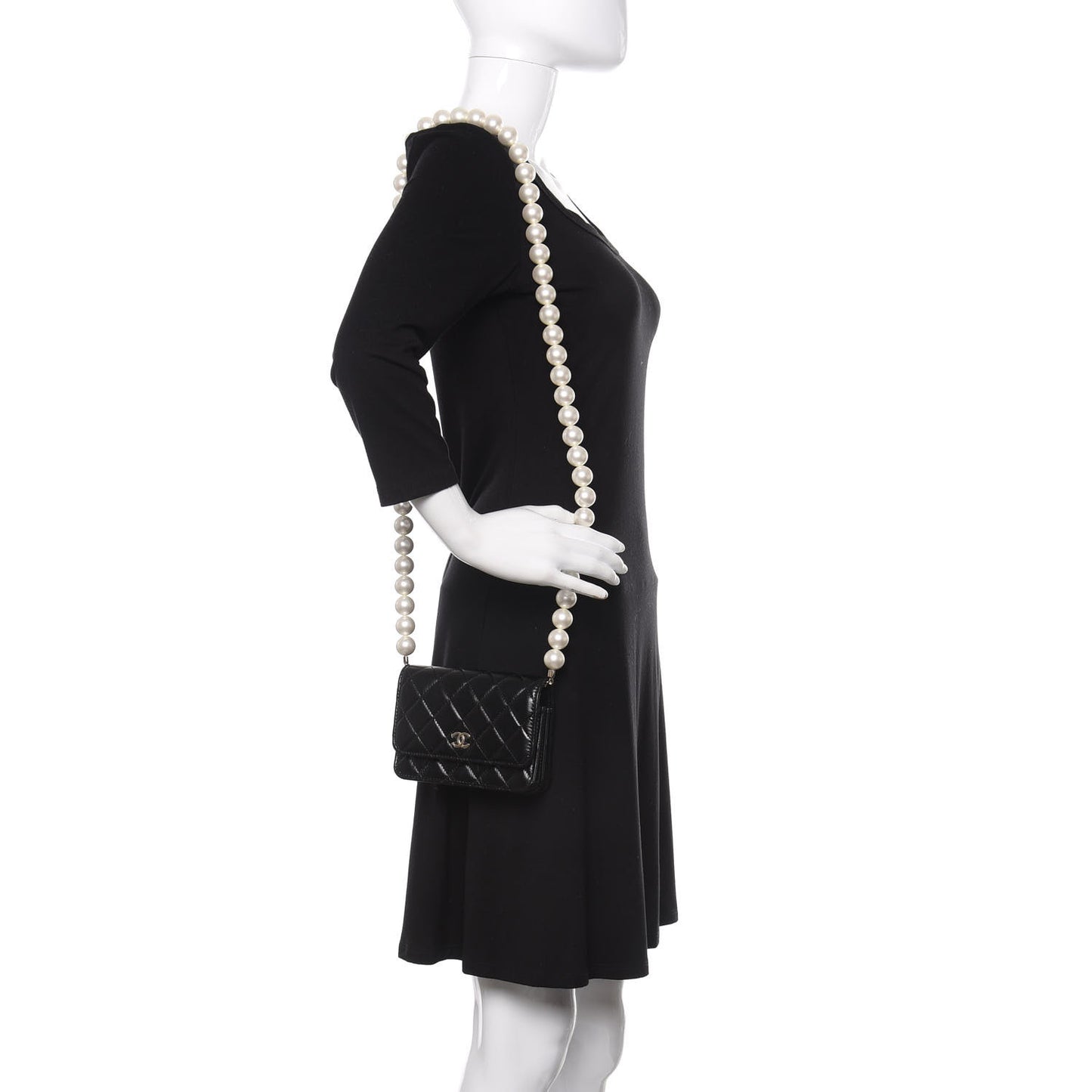 Calfskin Quilted Mini Maxi Pearls Wallet On Chain WOC Black