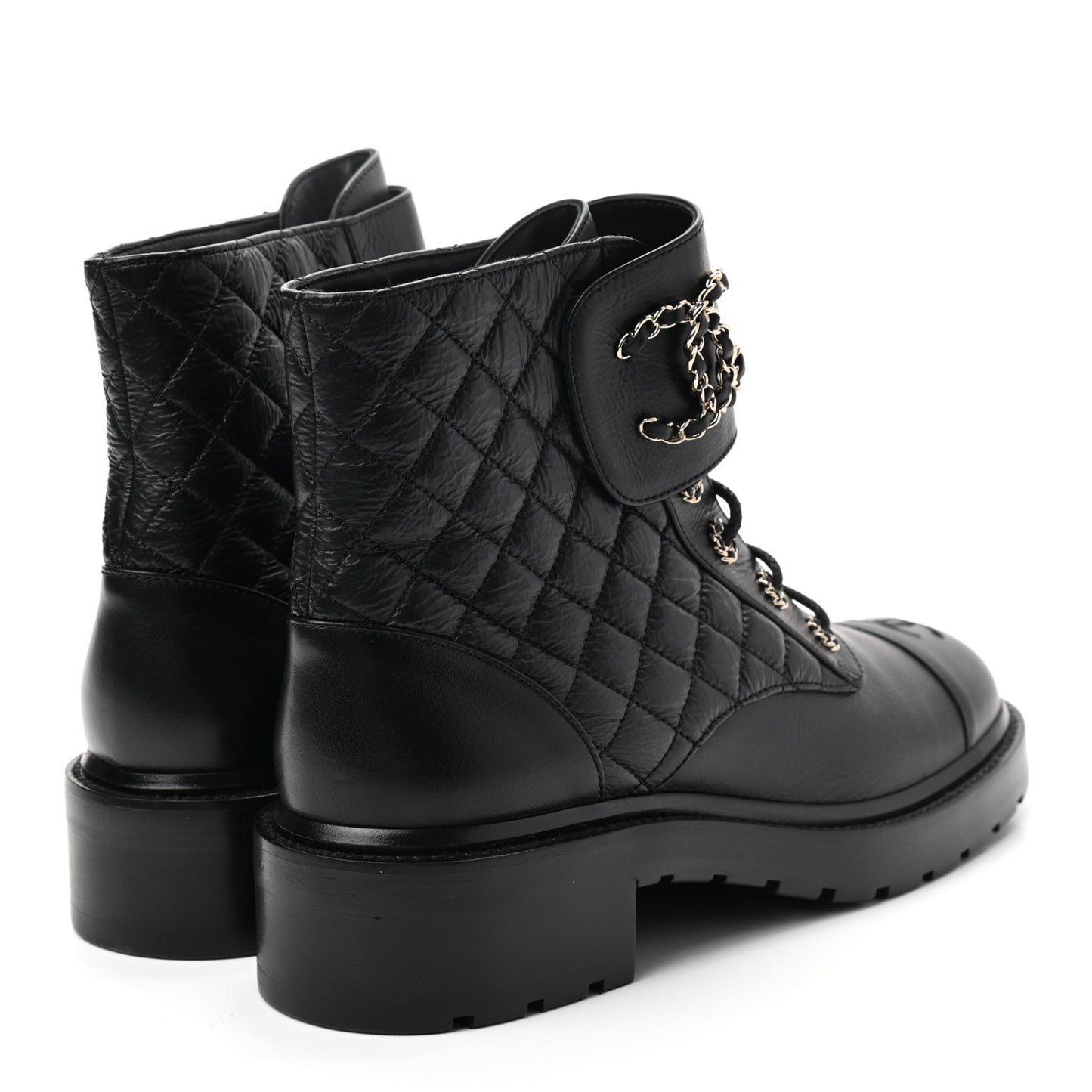 Shiny Goatskin Calfskin Quilted Lace Up Combat Boots 41.5 Black