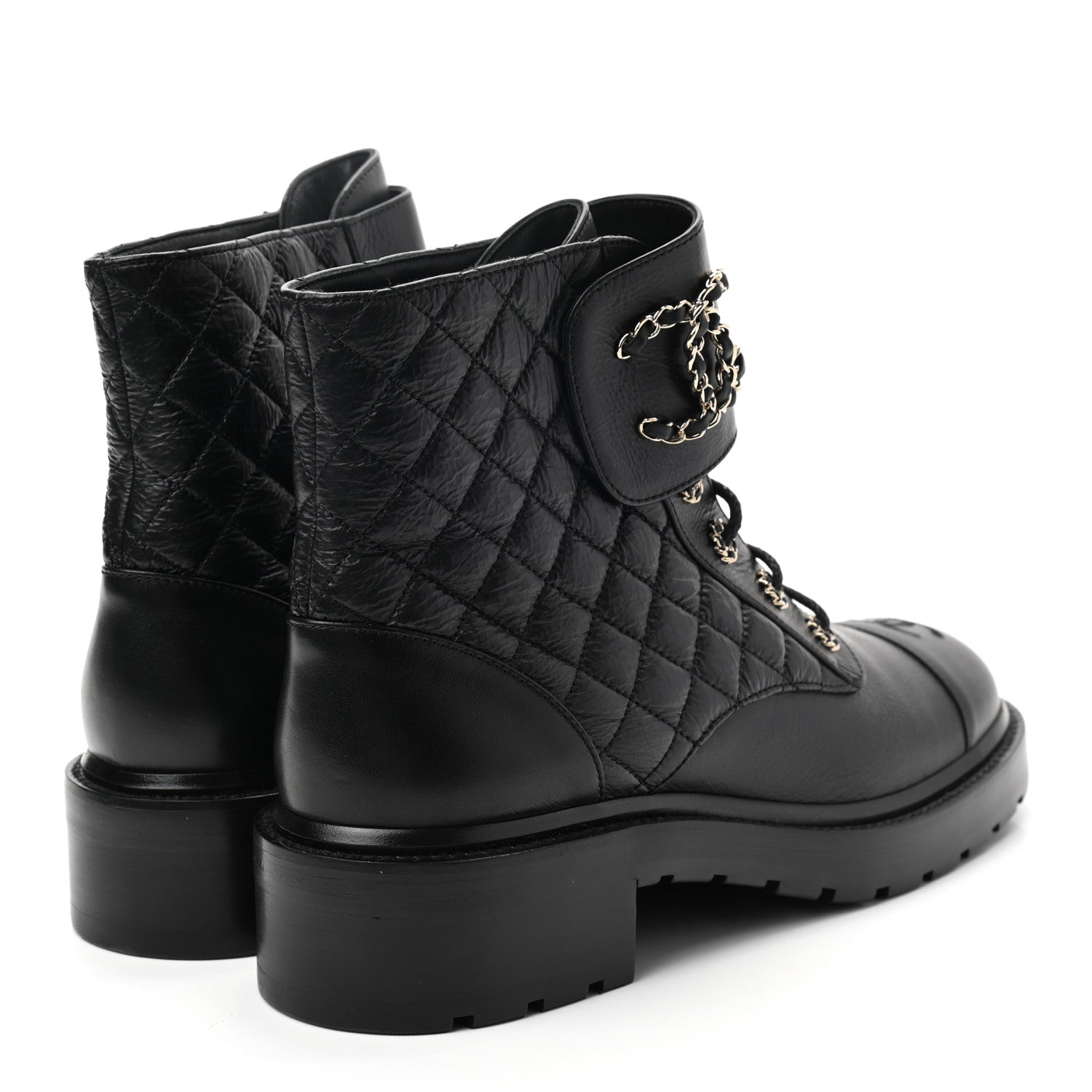 Chanel Shiny Goatskin Calfskin Quilted Lace Up Combat Boots 41.5 Black 4 of 8