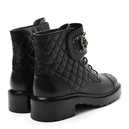 Chanel Shiny Goatskin Calfskin Quilted Lace Up Combat Boots 41.5 Black 4 of 8