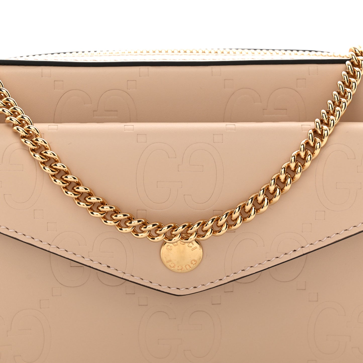 Calfskin GG Super Mini Debossed Chain Wallet Light Beige