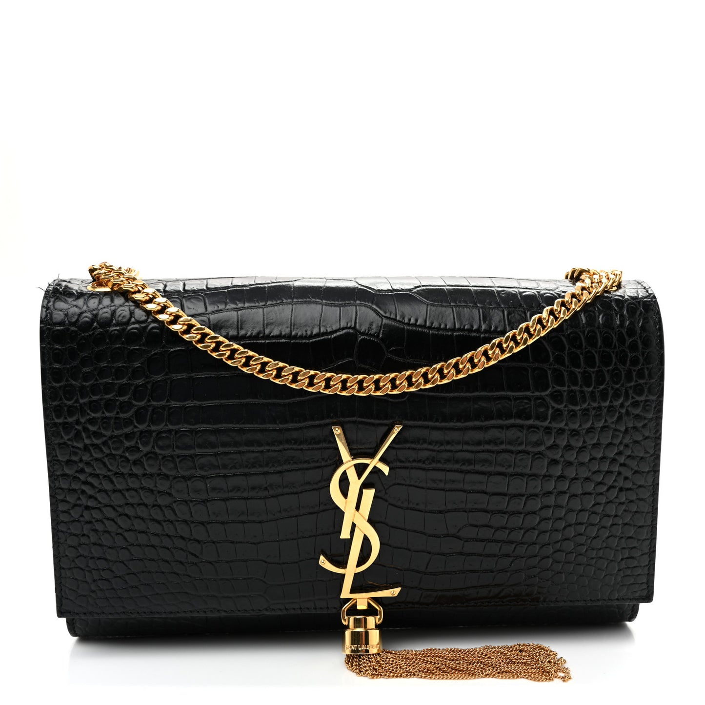 Calfskin Crocodile Embossed Medium Classic Monogram Kate Tassel Satchel Black Black
