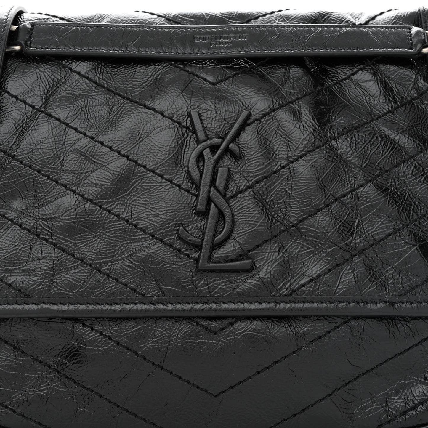 Crinkled Calfskin Matelasse Monogram Medium Niki Chain Satchel Black