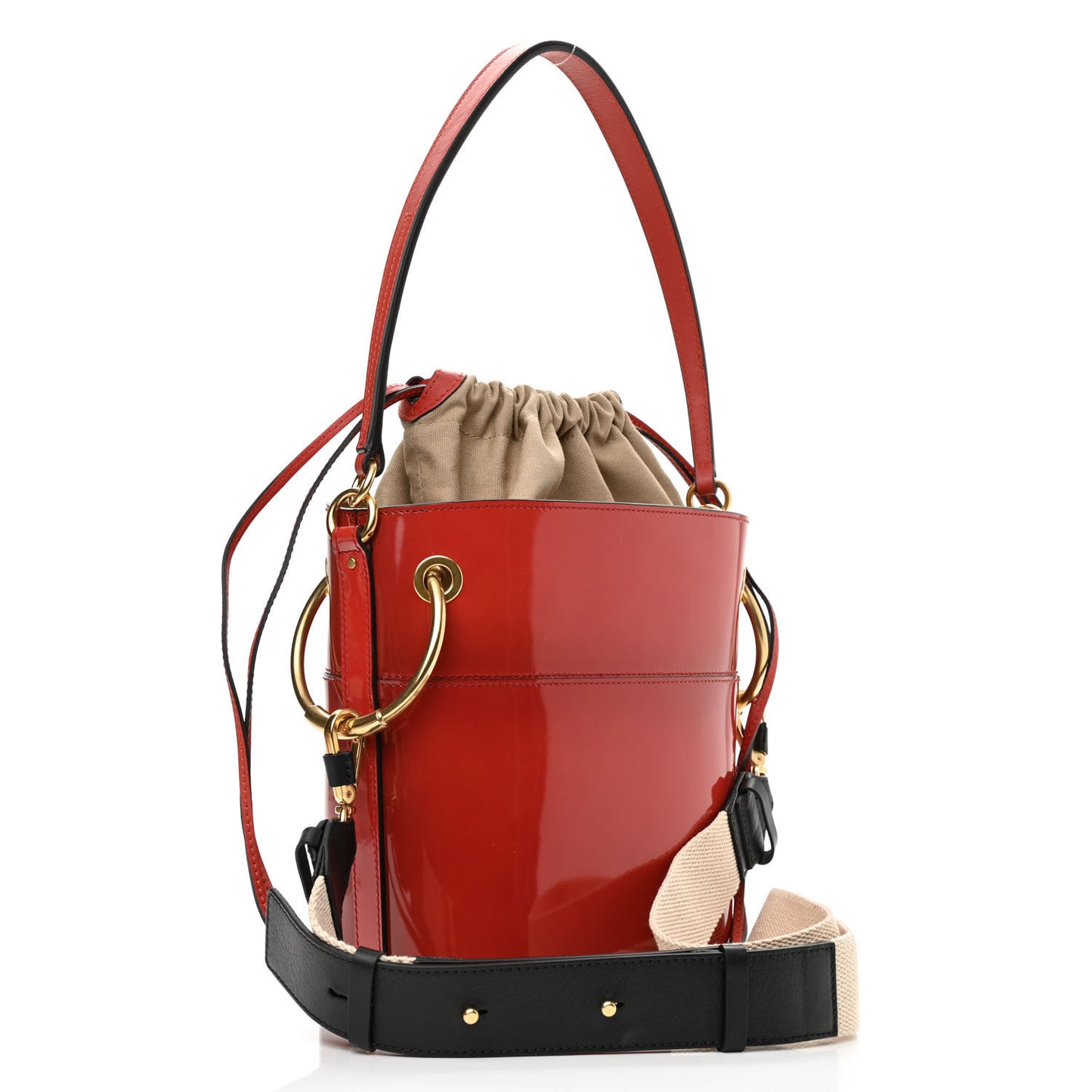 Patent Calfskin Small Roy Bucket Bag Earthy Red