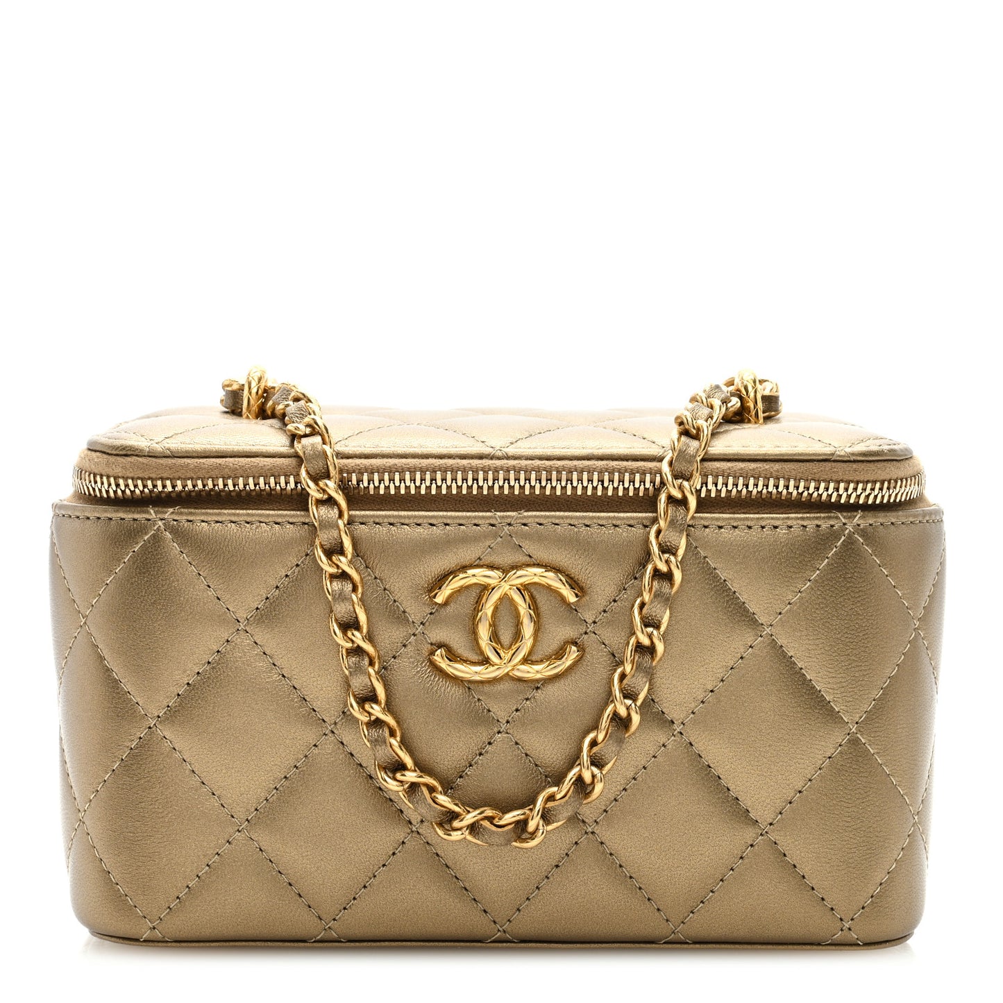 Metallic Lambskin Quilted Small CC Dynasty Vanity Case With Chain Gold