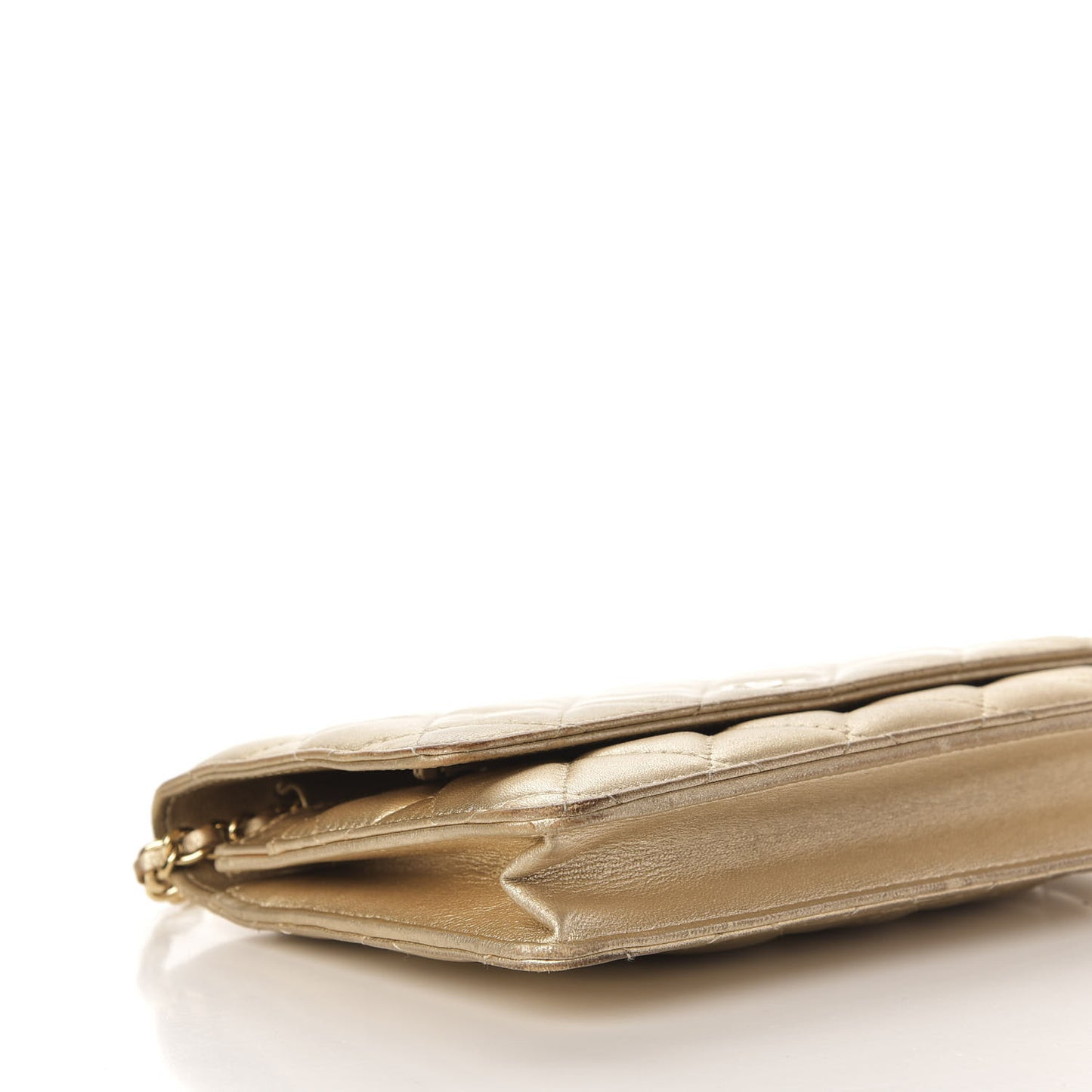 Metallic Lambskin Quilted Wallet On Chain WOC Gold