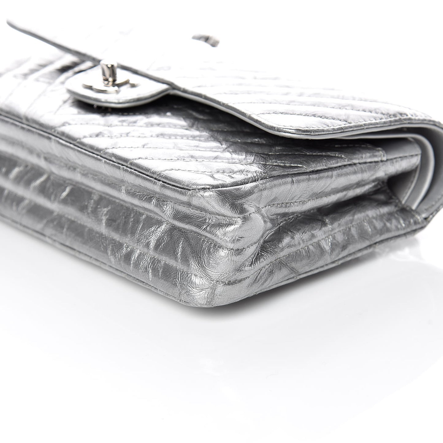 Metallic Crumpled Patent Chevron Quilted Medium Double Flap Silver