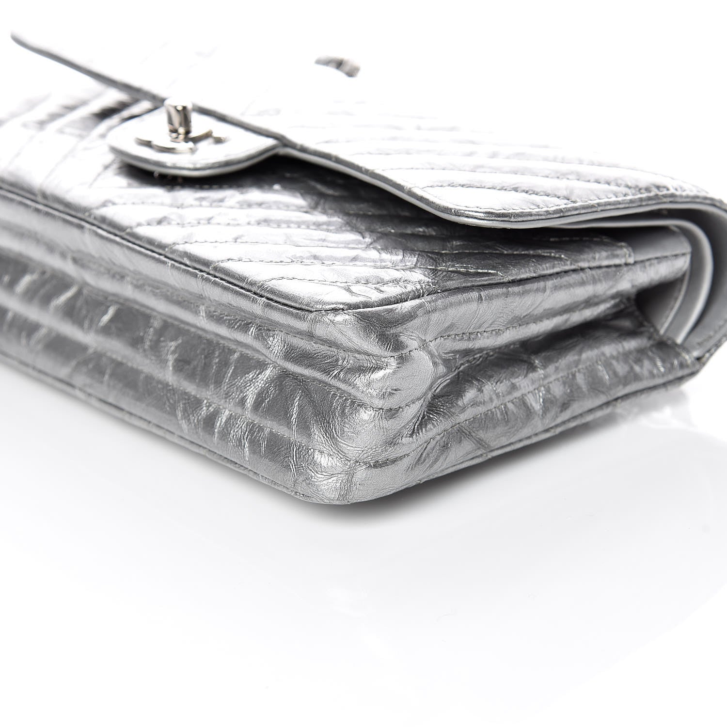 Chanel Metallic Crumpled Patent Chevron Quilted Medium Double Flap Silver 6 of 9