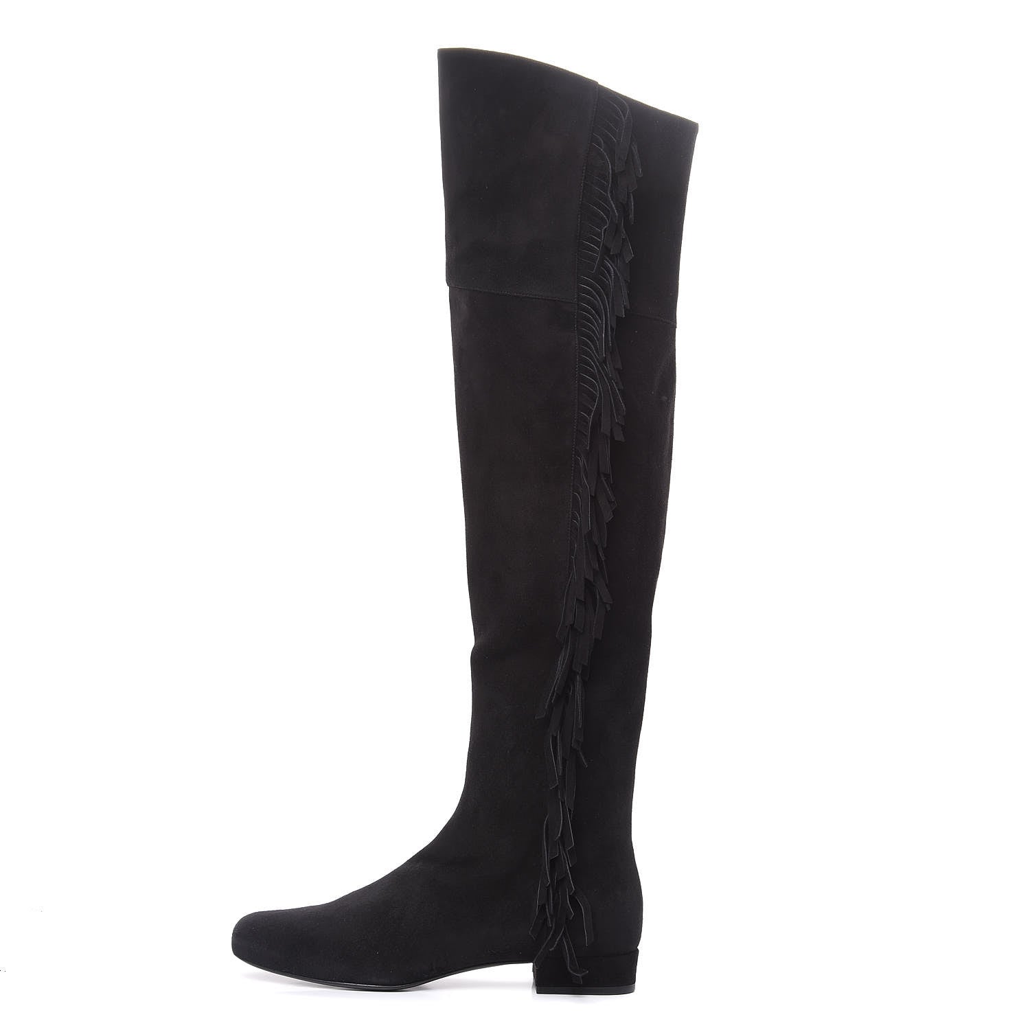 Saint Laurent Suede Goatskin BB 20 Over The Knee Fringed Boots 38.5 Black 1 of 7