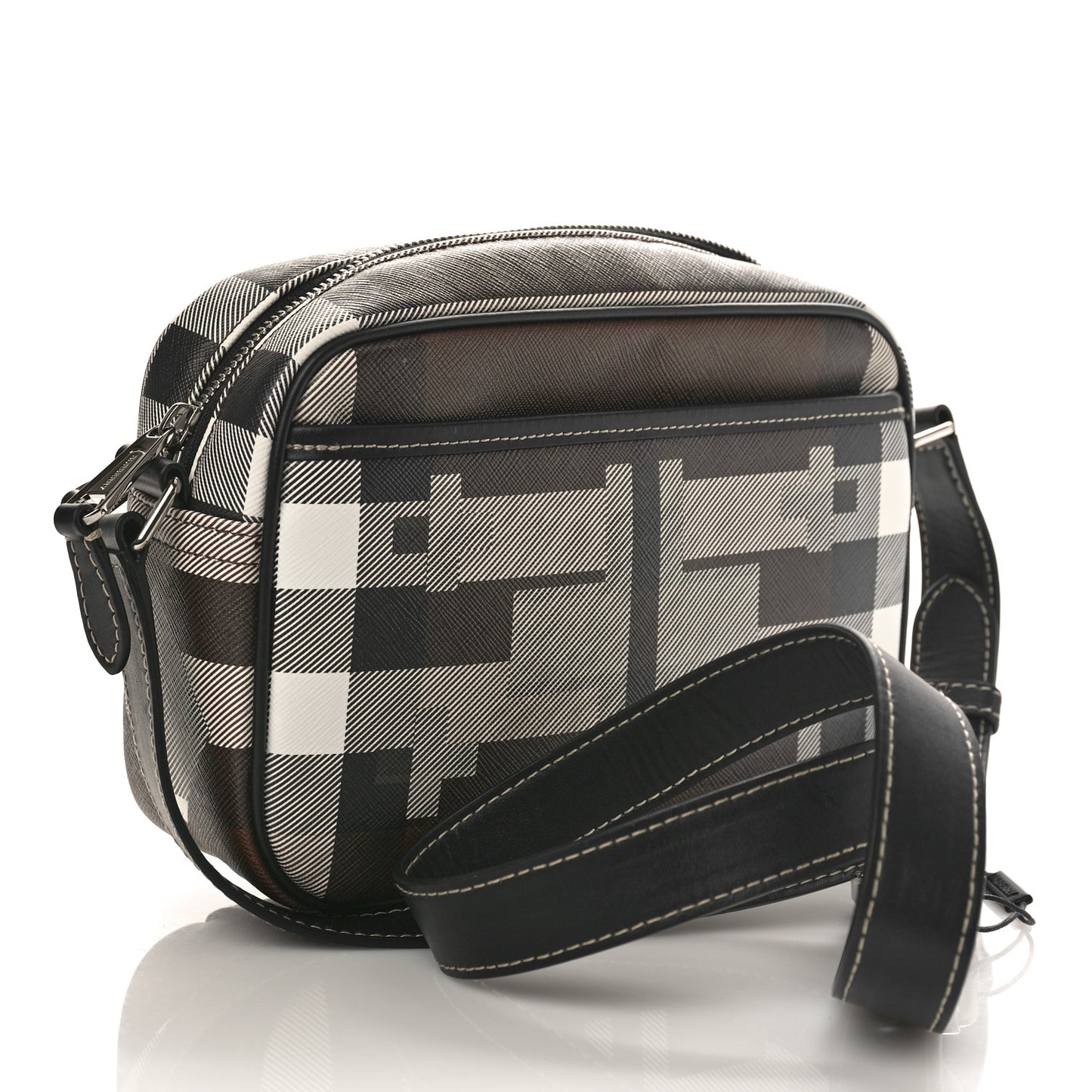 E-Canvas Calfskin Geometric Check Paddy Messenger Dark Birch Brown White