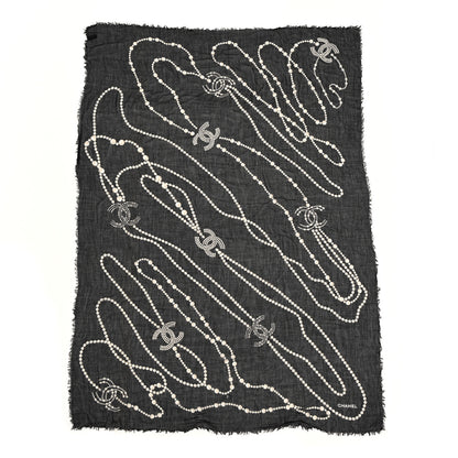 Chanel Cashmere Silk CC Pearl Stole Black White 1 of 6