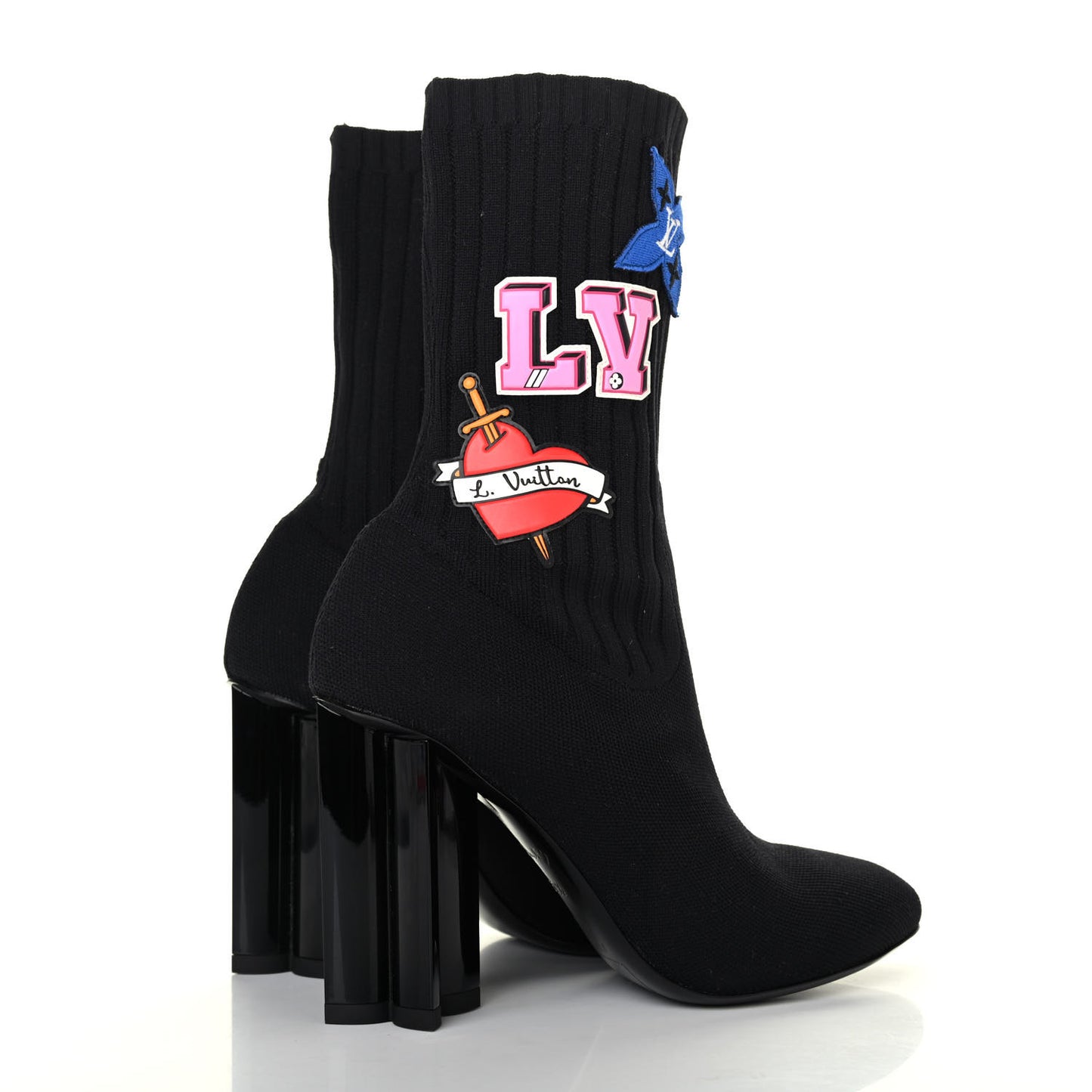 Stretch Fabric LV Black Heart Sock Ankle Boots 37.5 Black