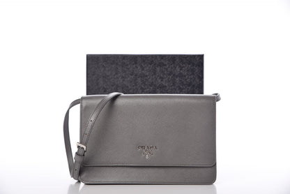 Prada Saffiano Metal Flap Wallet With Strap Marmo 11 of 11