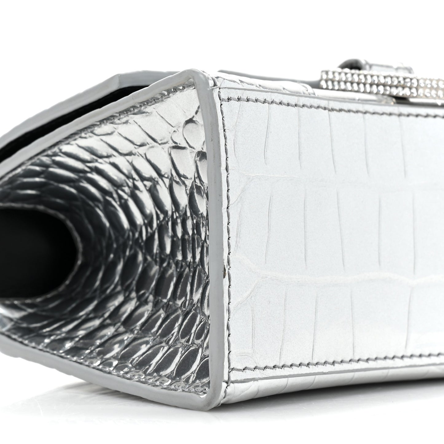 Metallic Calfskin Crocodile Embossed Crystal Hourglass Top Handle Bag XS Silver