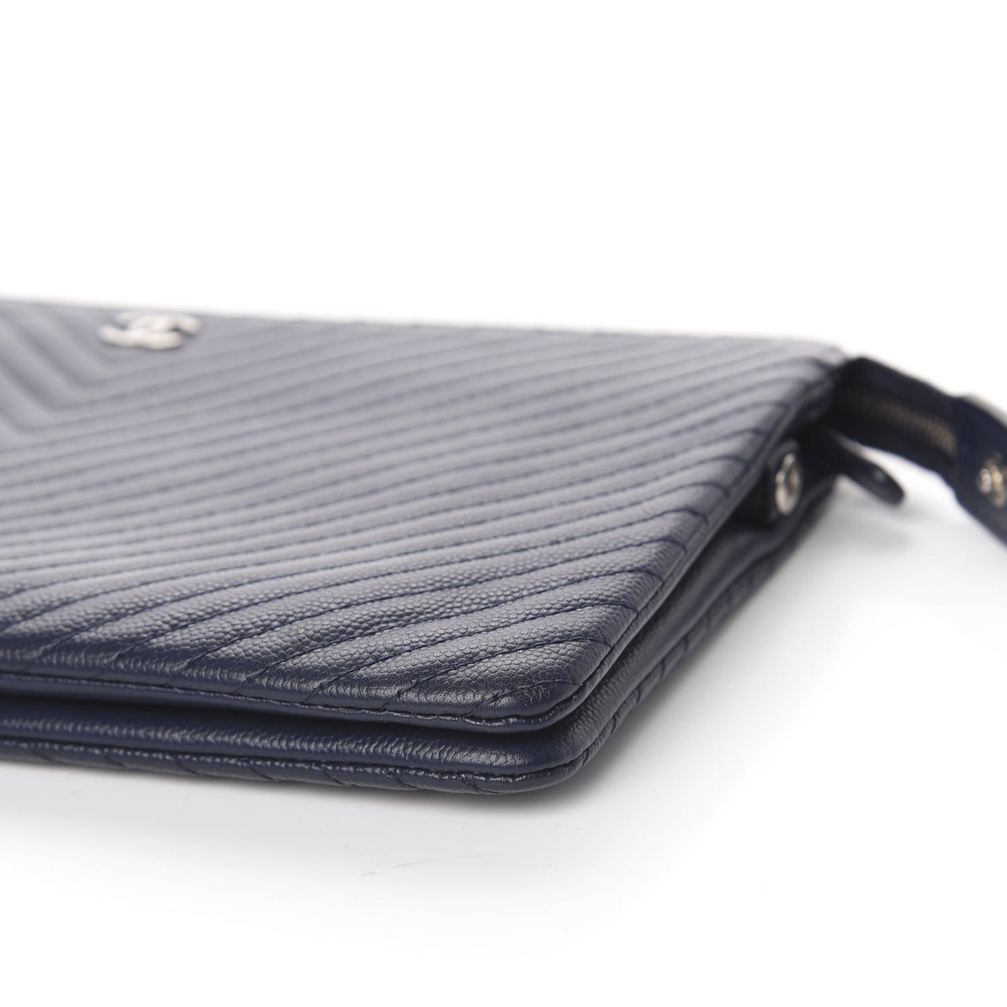 Caviar Chevron Quilted Large Zipped Clutch Navy