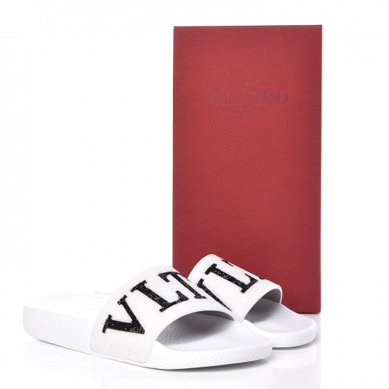 Rubber Swarovski Crystal VLTN Pool Slide Sandals 38 White