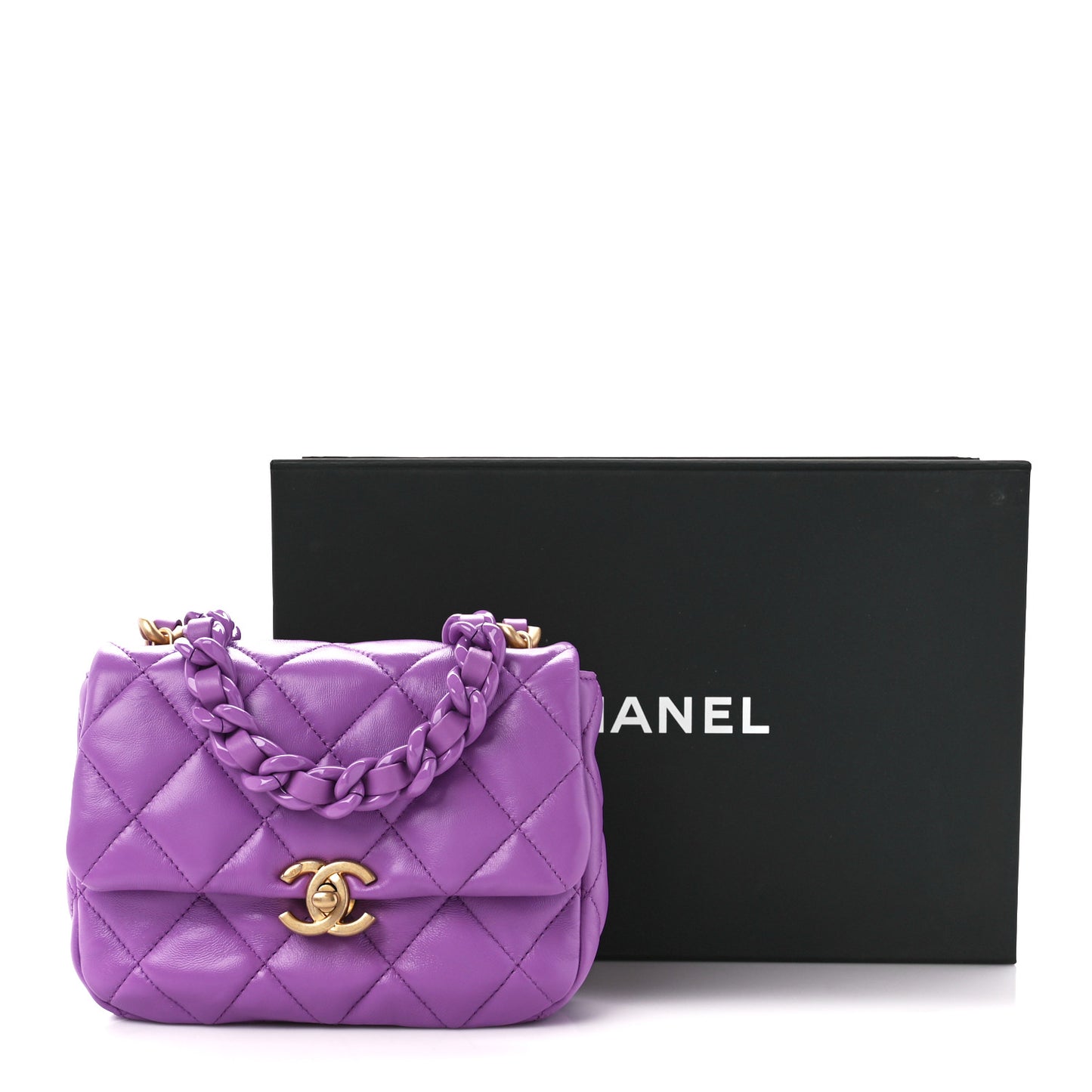 Lambskin Quilted Mini Lacquered Chain Flap Purple