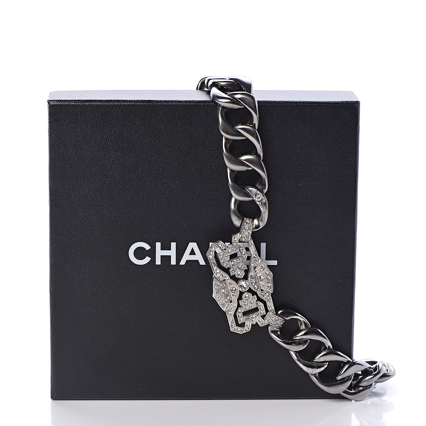 Crystal CC Chain Link Choker Necklace Dark Silver