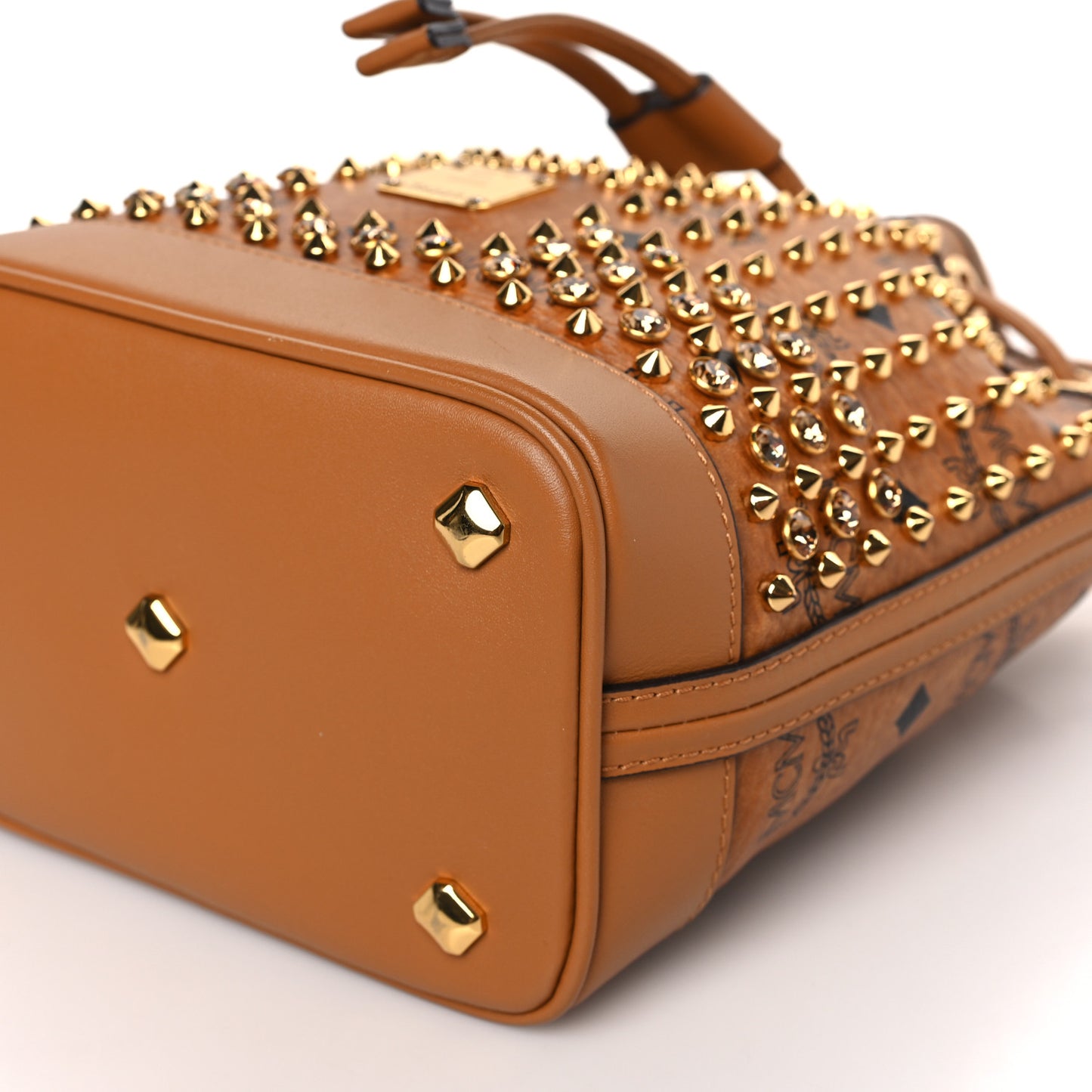 Visetos Swarovski Crystal Studded Mini Drawstring Bucket Bag Cognac