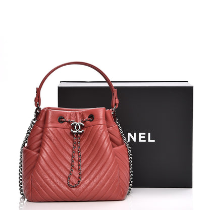 Chanel Deerskin Chevron Medium Chain Bucket Bag Coral 9 of 9
