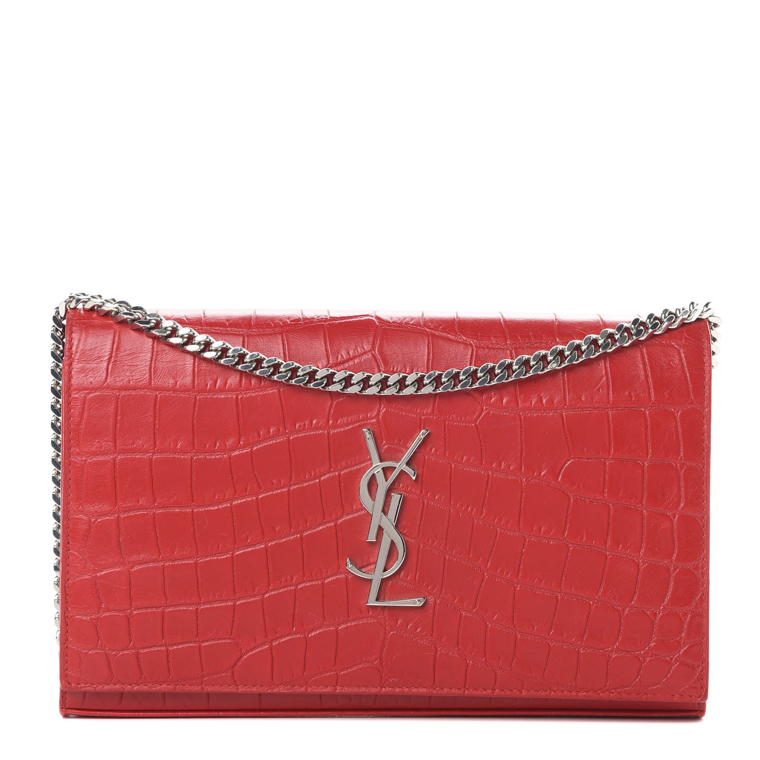 Saint Laurent Calfskin Crocodile Embossed Monogram Chain Wallet New Red 1 of 13
