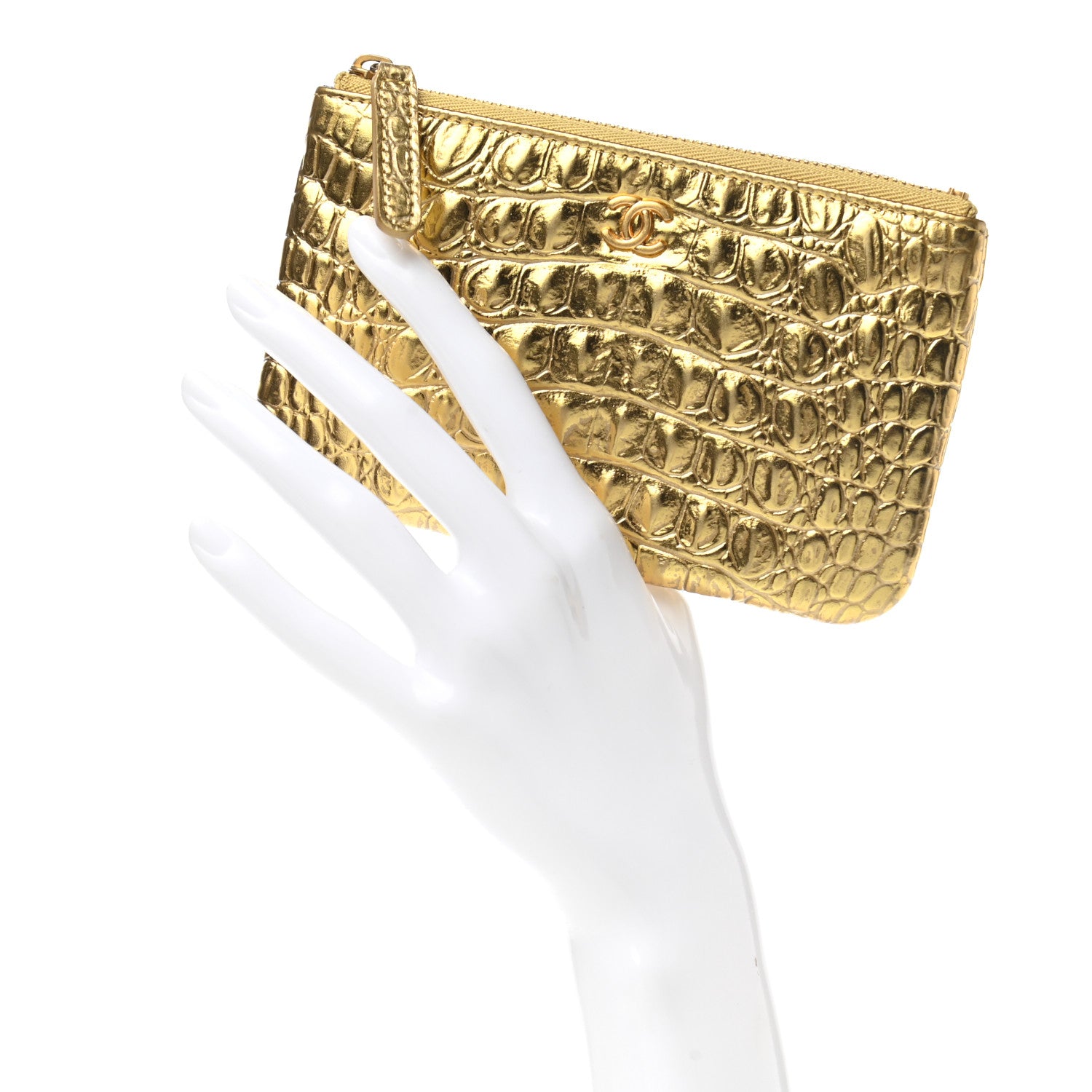 Chanel Metallic Calfskin Crocodile Embossed Cocodile Small Cosmetic Case Gold 2 of 8