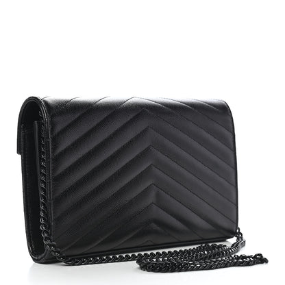 Saint Laurent Grain De Poudre Matelasse Chevron Monogram Chain Wallet Black 3 of 8