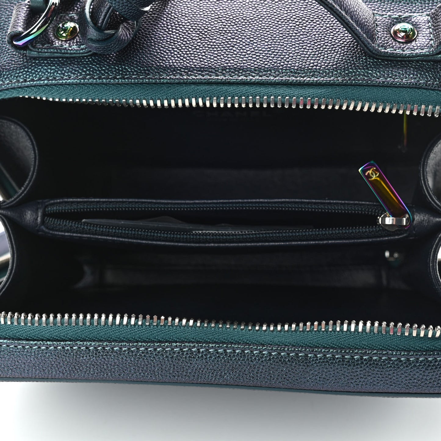Iridescent Caviar Quilted Medium CC Filigree Vanity Case Dark Turquoise